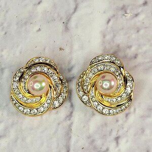 Signed Nolan Miller Faux Pearl & Rhinestone Clip On Earrings Vintage Mint